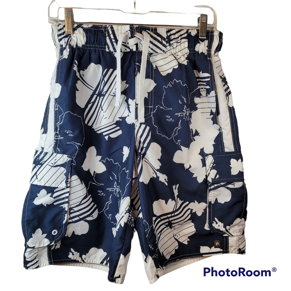 Hang Ten Mens Hawaiian Lined Board Short Swim Trunk Sz Sm Cargo Side Back Pocket